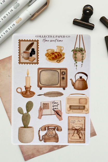 Sticker sheet with vintage-themed illustrations on a white background