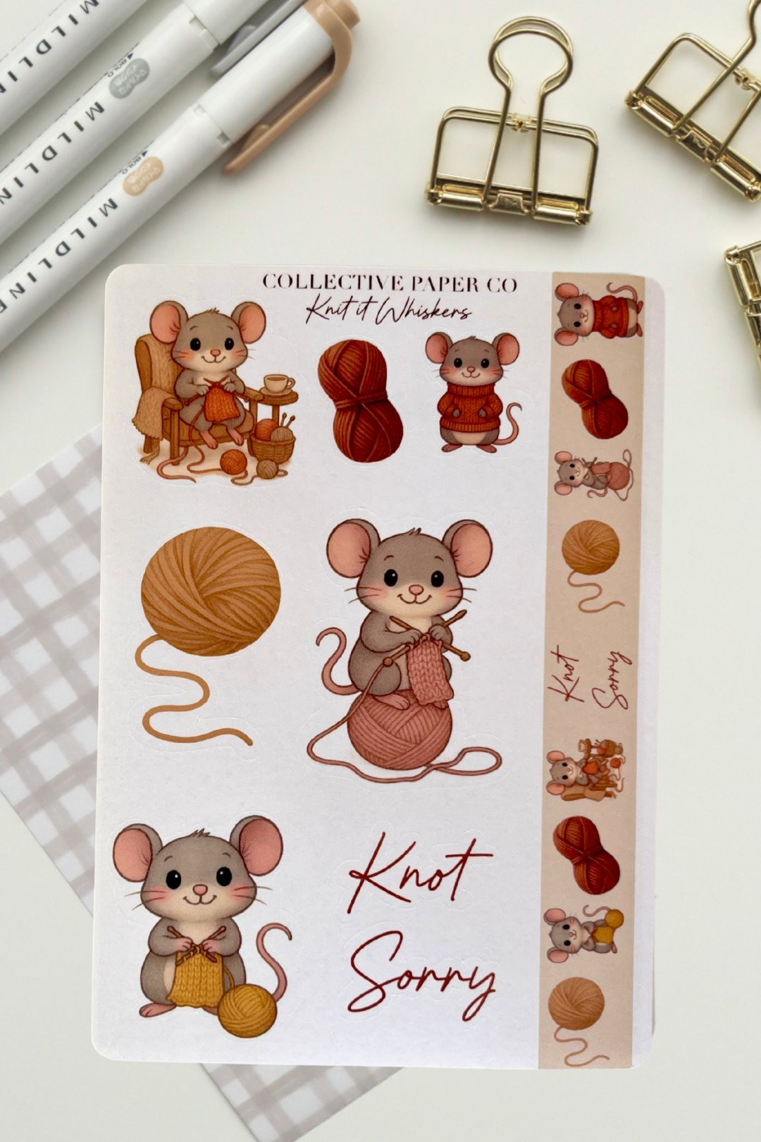 Sticker sheet with cartoon mice and yarn design on a white background