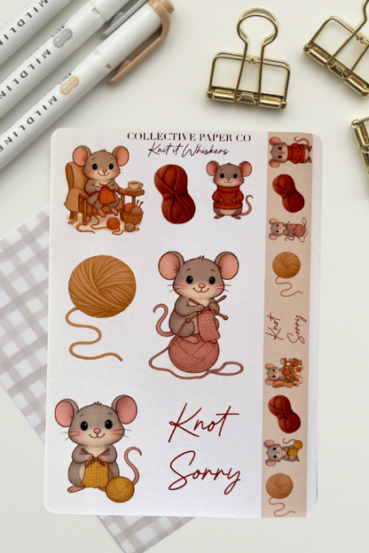 Sticker sheet with cartoon mice and yarn design on a white background