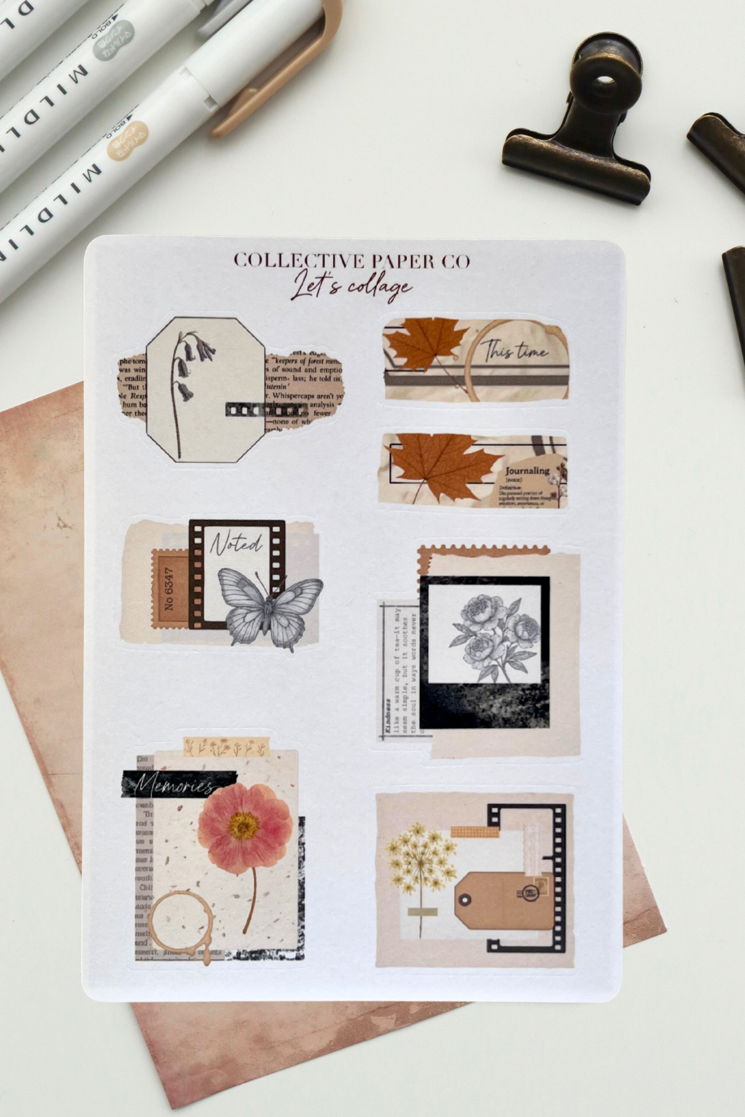 Sheet of decorative stickers with various designs on a white background