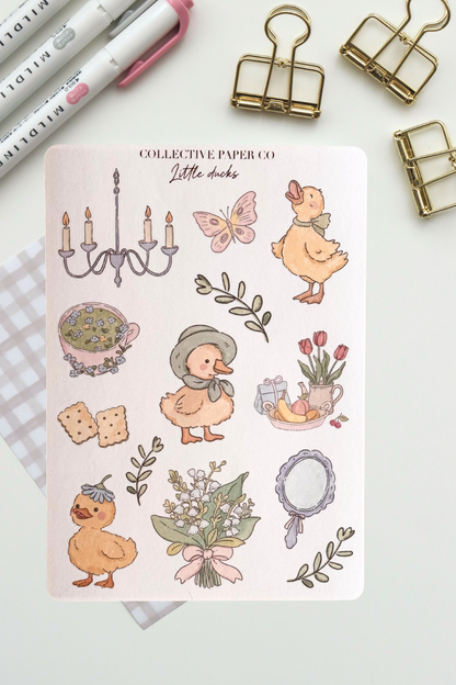 Little ducks sticker sheet with soft crayon style illustrations of ducks, floral teacup, crackers, bouquet, tulips, mirror, chandelier and leaves in pastel spring colours from Collective Paper Co