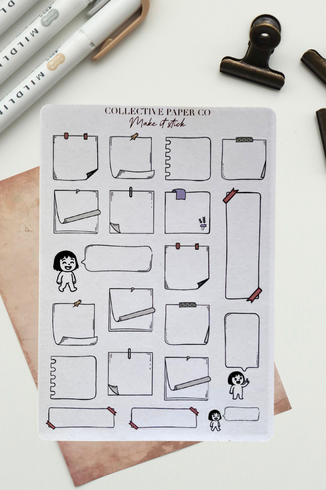 Sheet of planner stickers with various design elements on a white background
