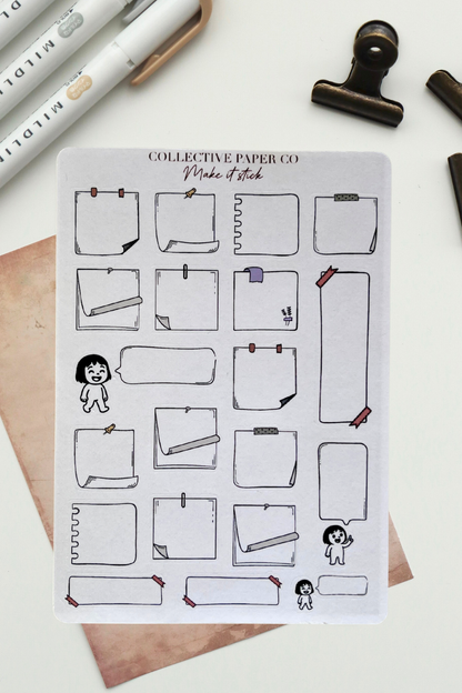 Sheet of planner stickers with various design elements on a white background