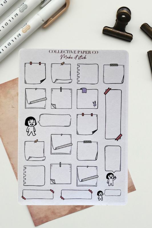 Sheet of planner stickers with various design elements on a white background