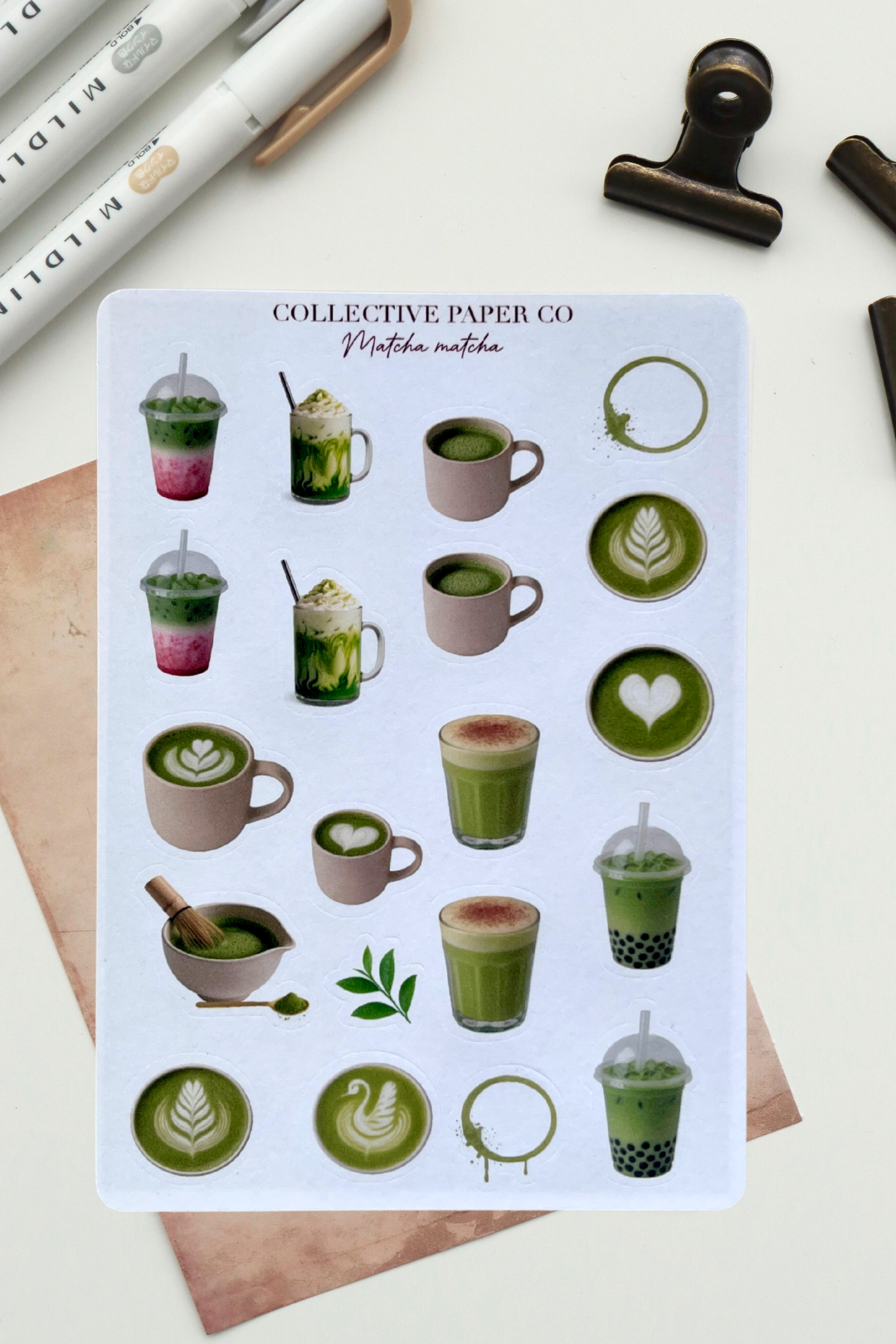 Sheet of matcha-themed stickers with various matcha beverages on a white background.