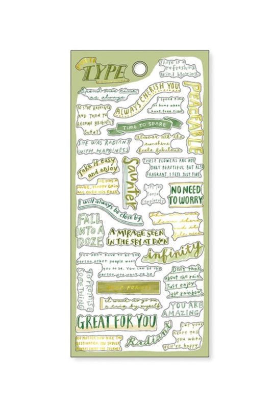 "Type" green washi tape sheet with motivational quotes like "Great For You," "Infinity," and "No Need To Worry" on lime background.

