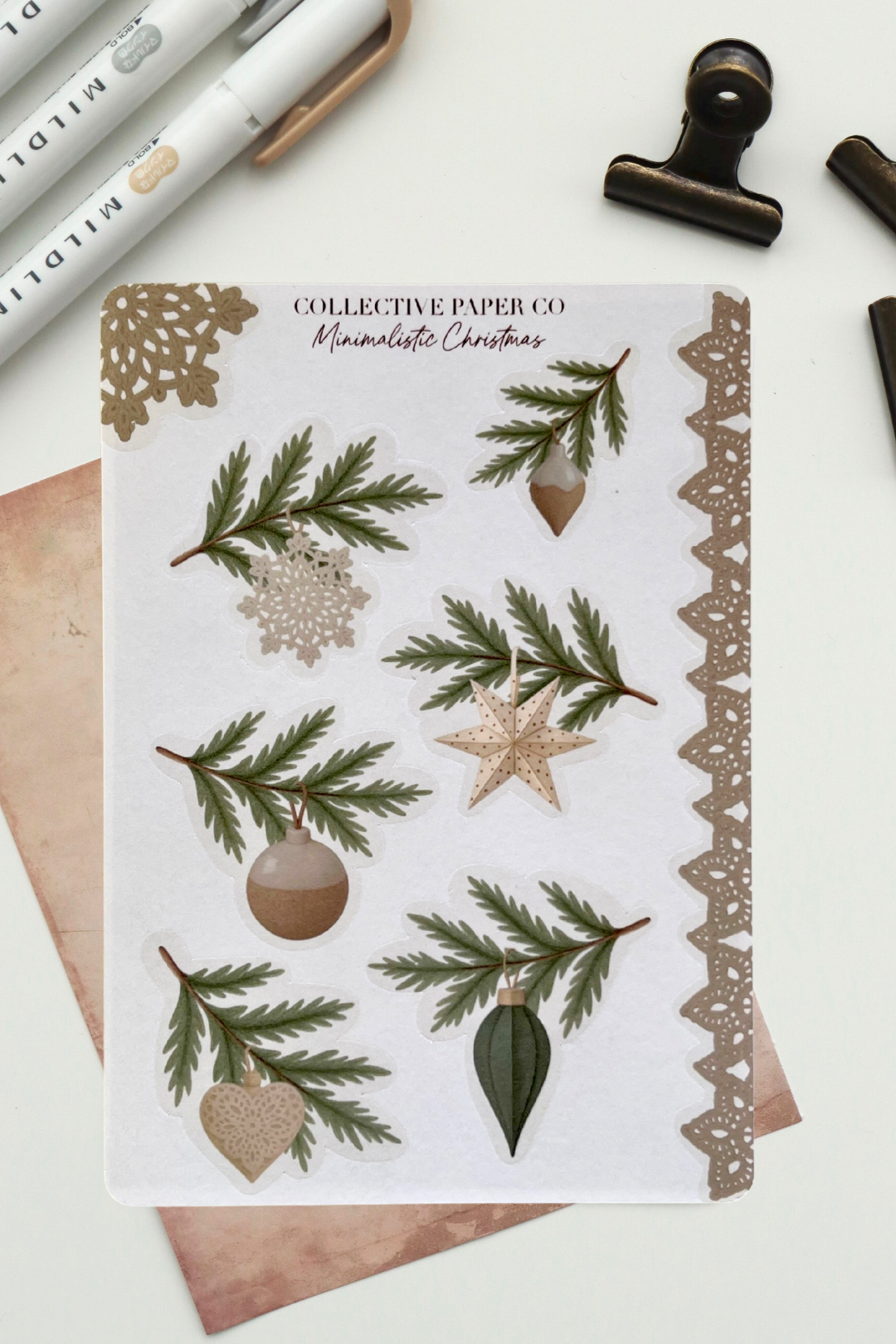Christmas-themed card with decorative elements on a white surface