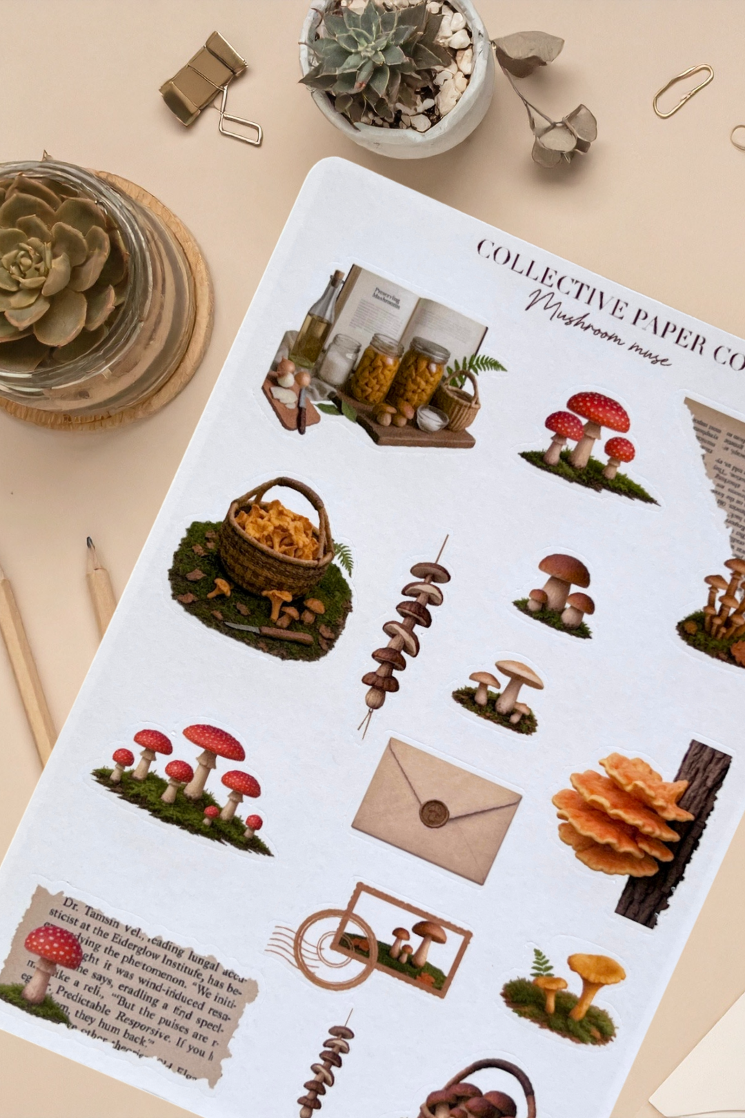 Sheet of nature-themed stickers with mushrooms, leaves, and other elements on a beige surface.