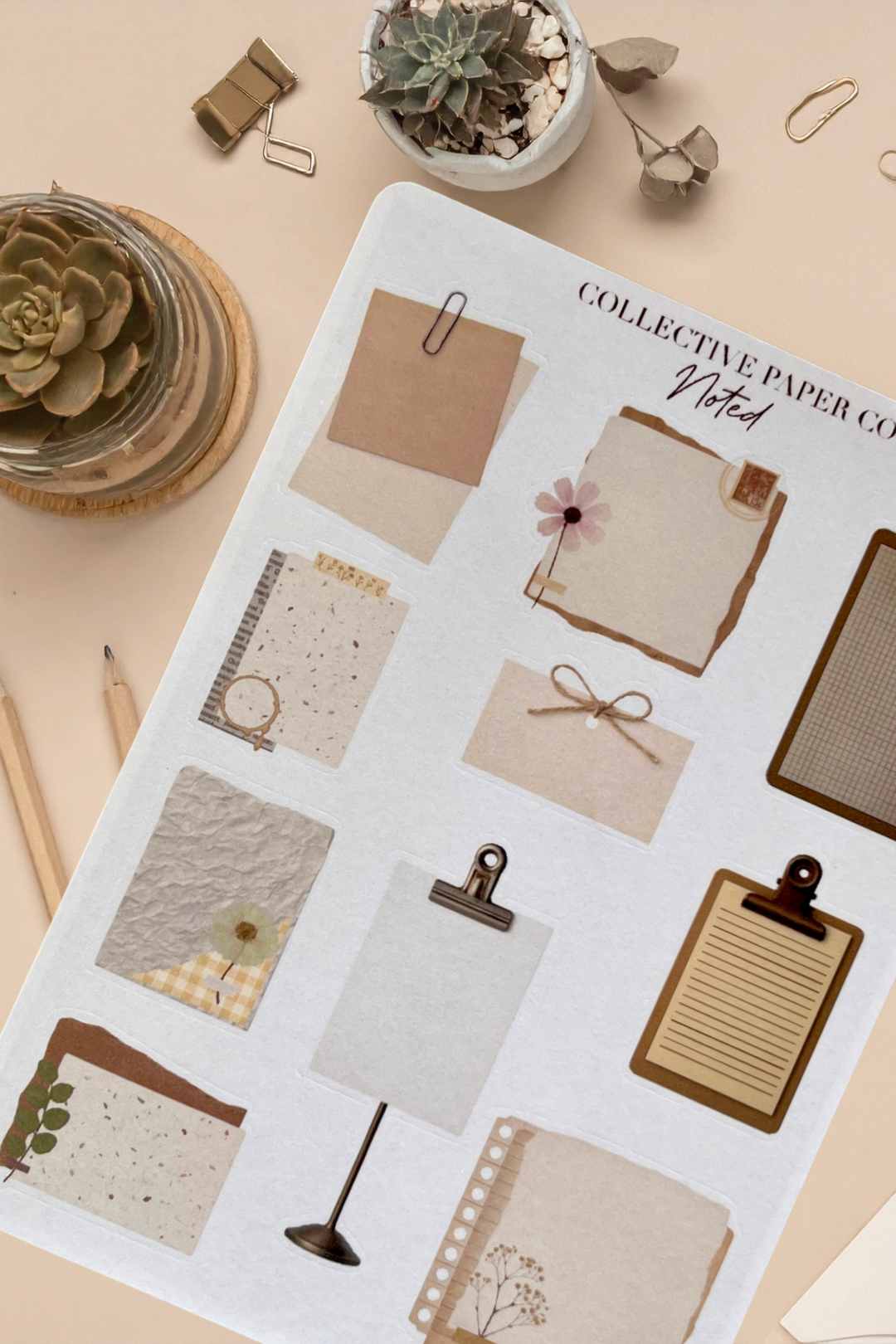 Sheet of stationery-themed stickers with clipboards, notepads, and other office supplies on a beige background.