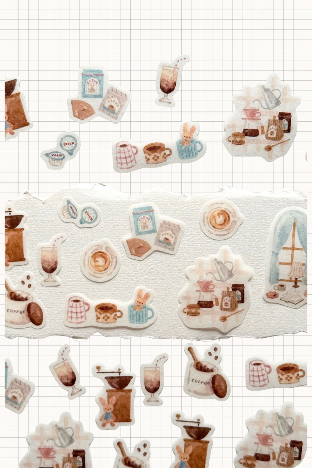 Papier Platz Flake Seal stickers in a soft pink packet, featuring hand-drawn milky drinks, cakes and cosy window scenes with books and lamps on a pale background, shown on grid paper