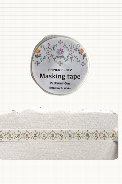 Papier Platz floral masking tape roll featuring a repeating border of tiny multicoloured flowers and leaves on cream tape, shown on grid background with a swatch of the 20 mm wide 5 m tape unrolled