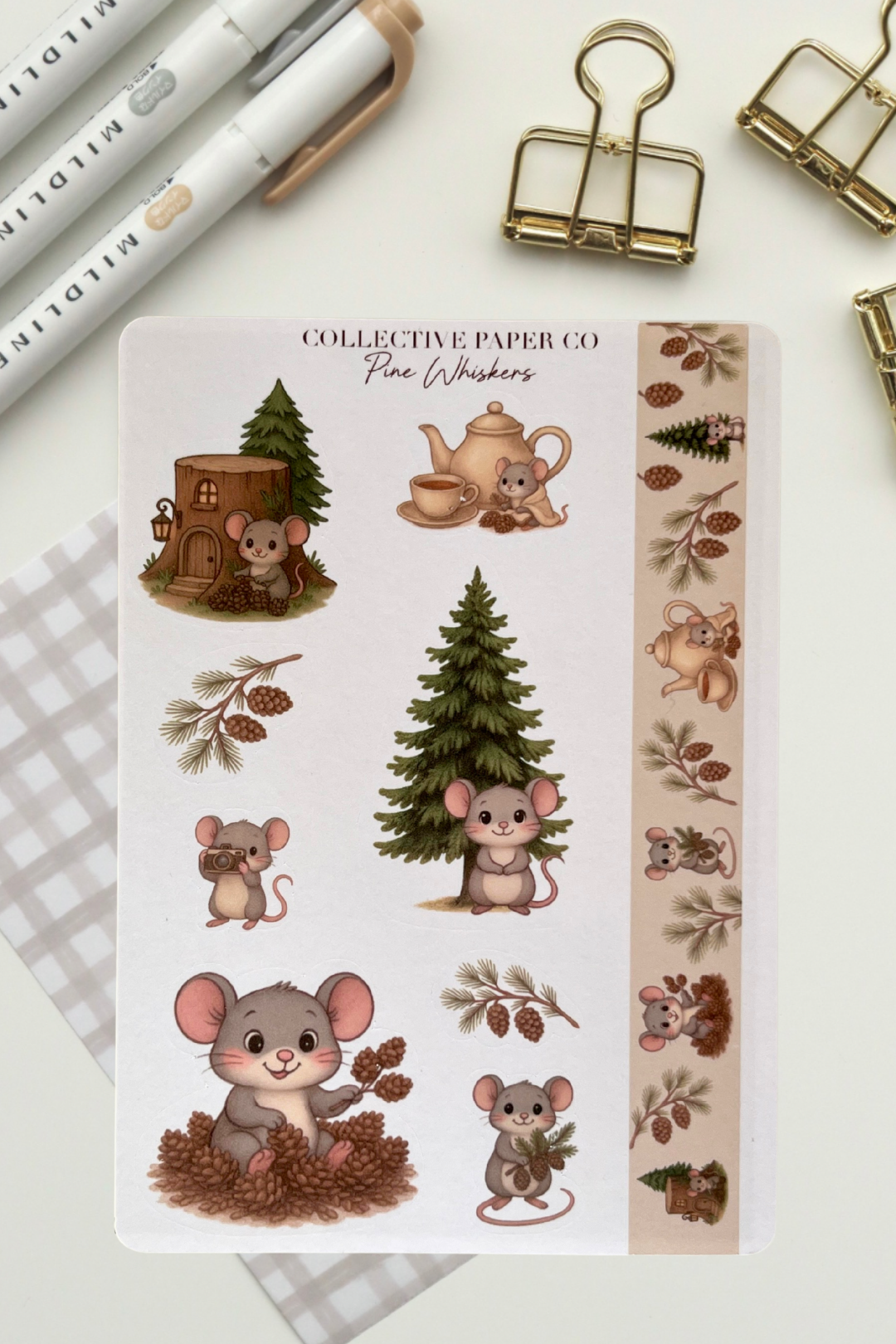 Sheet of decorative stickers featuring mice, trees, and other nature-themed illustrations on a white background.
