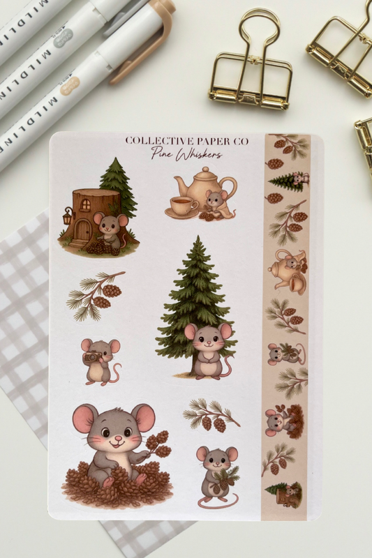 Sheet of decorative stickers featuring mice, trees, and other nature-themed illustrations on a white background.