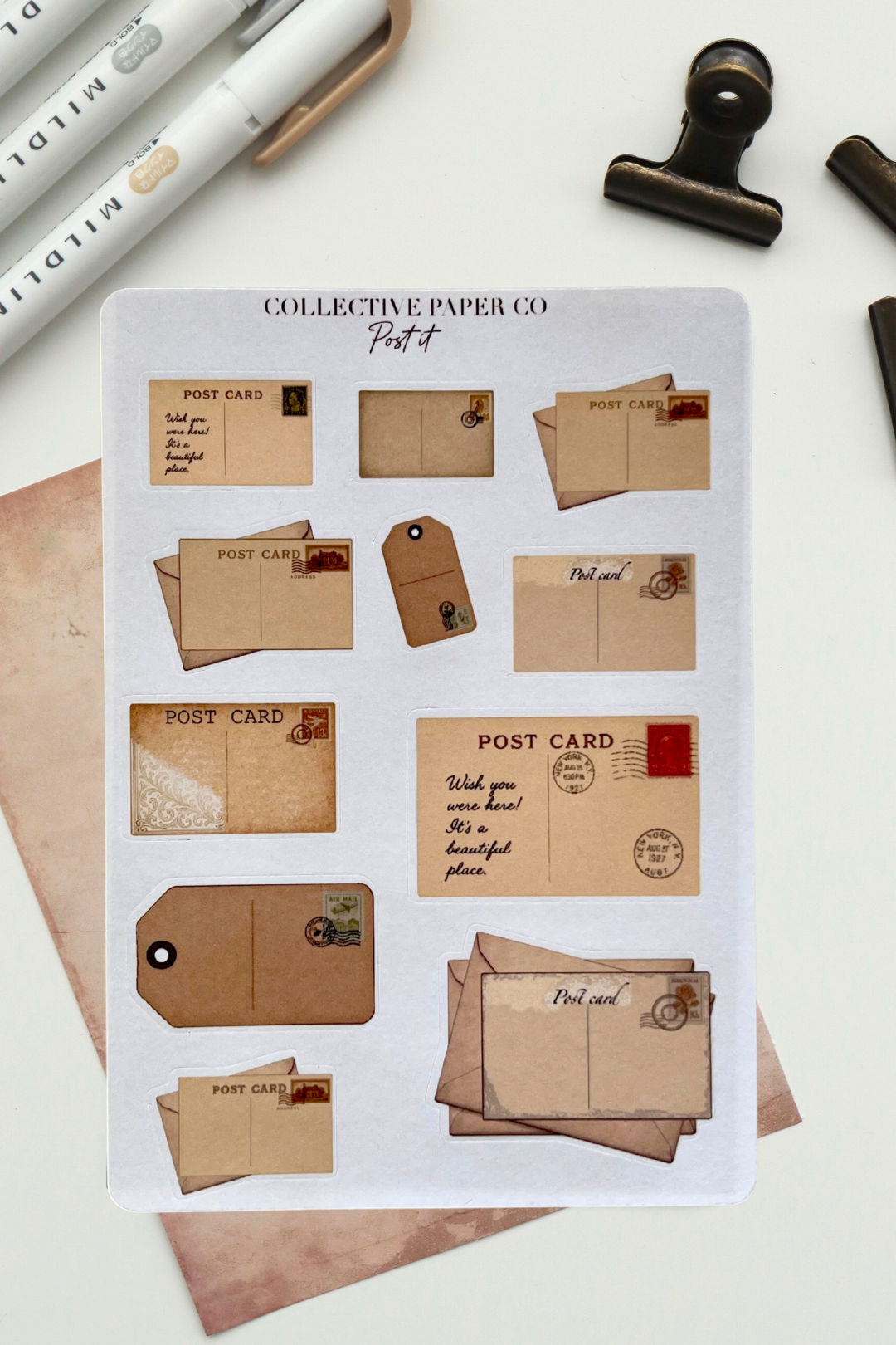 Sheet of vintage-style postcard and envelope stickers from Collective Paper Co.