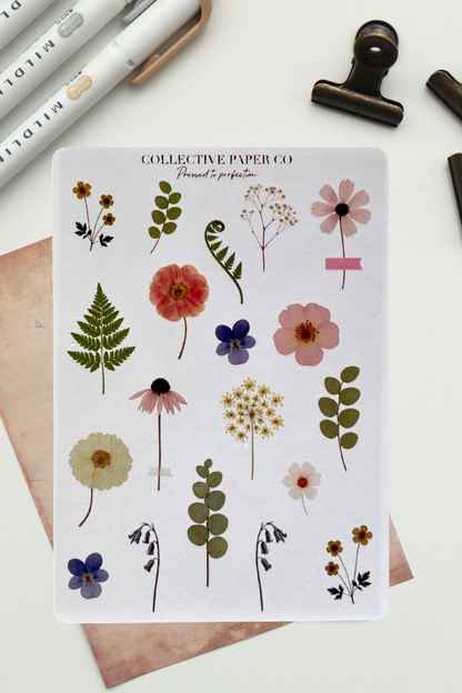 Sheet of floral stickers with 'Collective Paper Co.' branding on a white background.