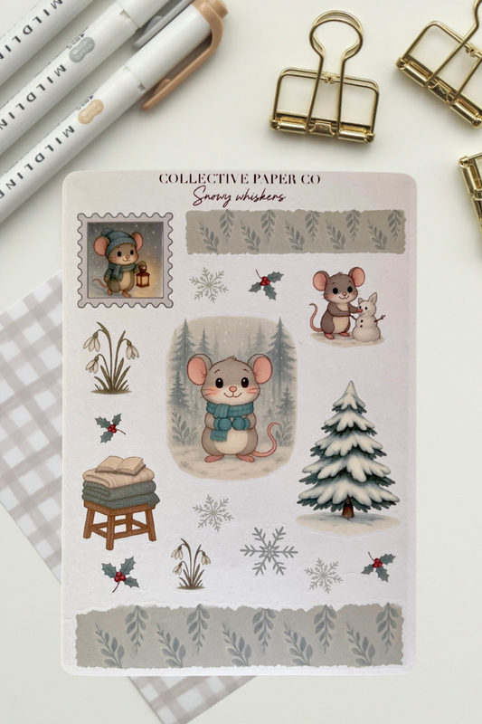 Sheet of decorative stickers with illustrated mice and winter elements on a white background.