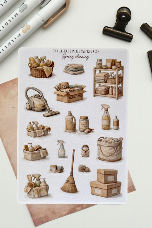 Sheet of decorative stickers with vintage-style illustrations on a white background, featuring items like baskets, boxes, and cleaning tools.