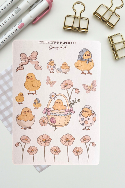 Spring chick sticker sheet with pastel crayon style illustrations of chicks, bows, flowers, butterflies, eggshells and a floral basket border in soft spring colours from Collective Paper Co