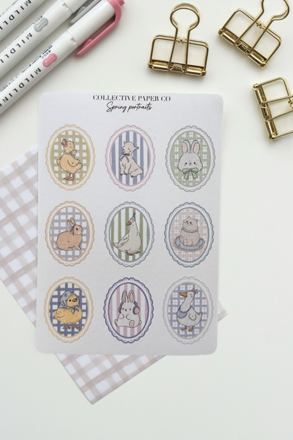 Sheet of nine pastel spring animal portraits washi stickers with ducks, bunnies, lamb, goose and cat in scalloped oval frames on gingham backgrounds.


