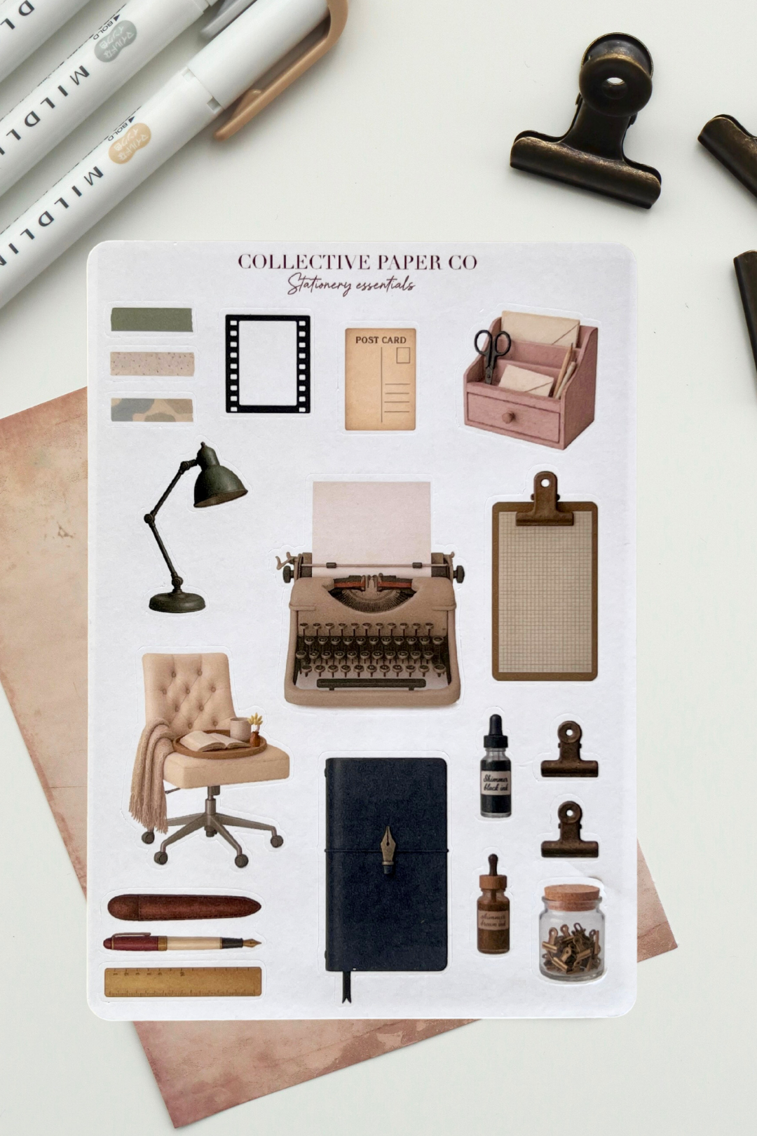 Sheet of stationery items with 'Collective Paper Co' branding on a white background.