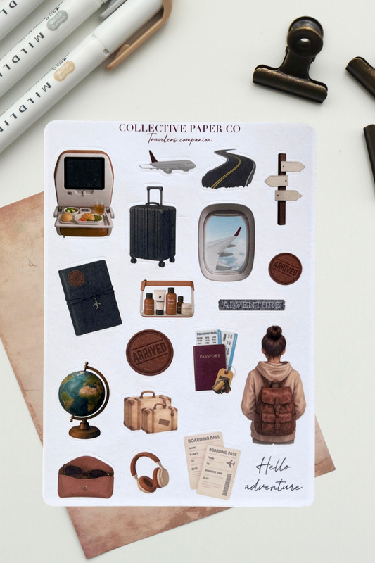 Sheet of travel-themed stickers by Collective Paper Co. on a white background with stationery items.