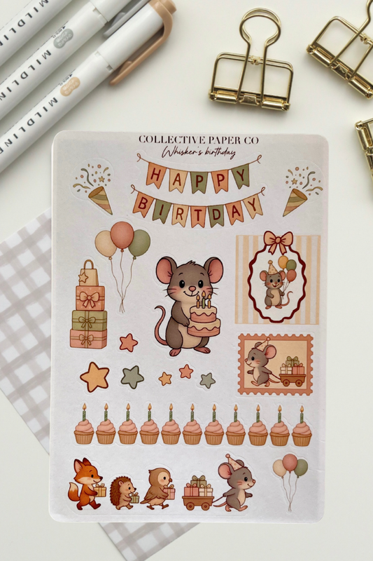 Sheet of birthday-themed stickers with cartoon mice, balloons, and a cake on a white background.