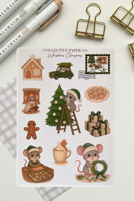 Sheet of Christmas-themed stickers with cartoon mice and festive items on a white background.