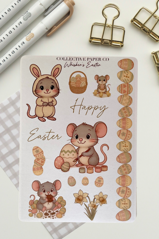 Sheet of Easter-themed stickers with cartoon mice and decorative elements on a white background.