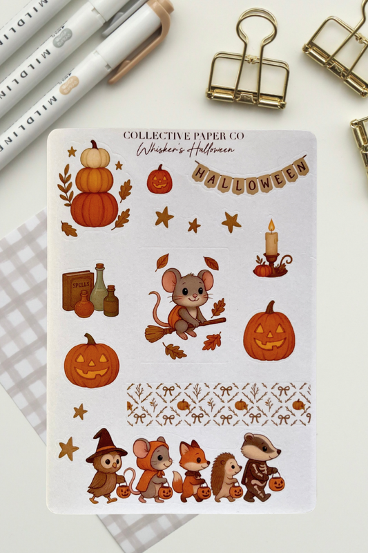 Halloween-themed sticker sheet with pumpkins, mice, and other decorations on a white background.