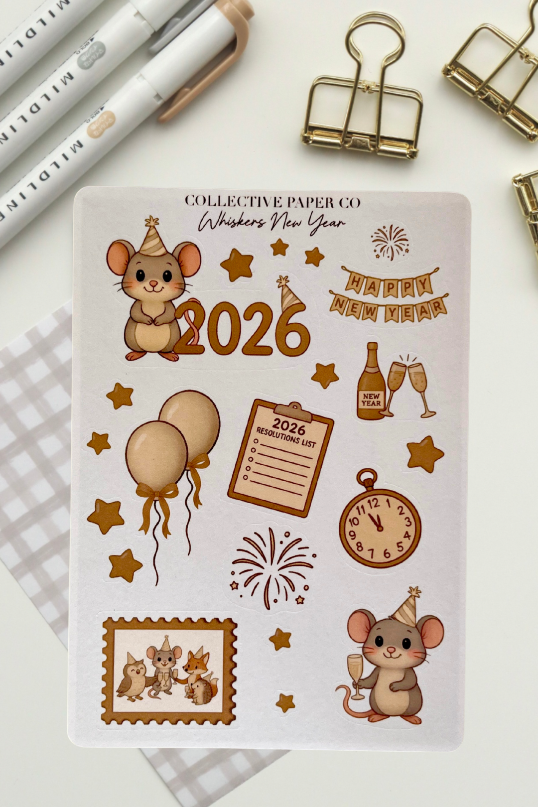 Sticker sheet with New Year designs featuring cartoon mice, balloons, and festive elements on a white background.