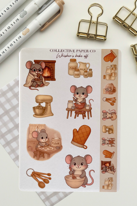 Sheet of decorative stickers featuring cartoon mice in baking-themed designs on a white surface with stationery items.
