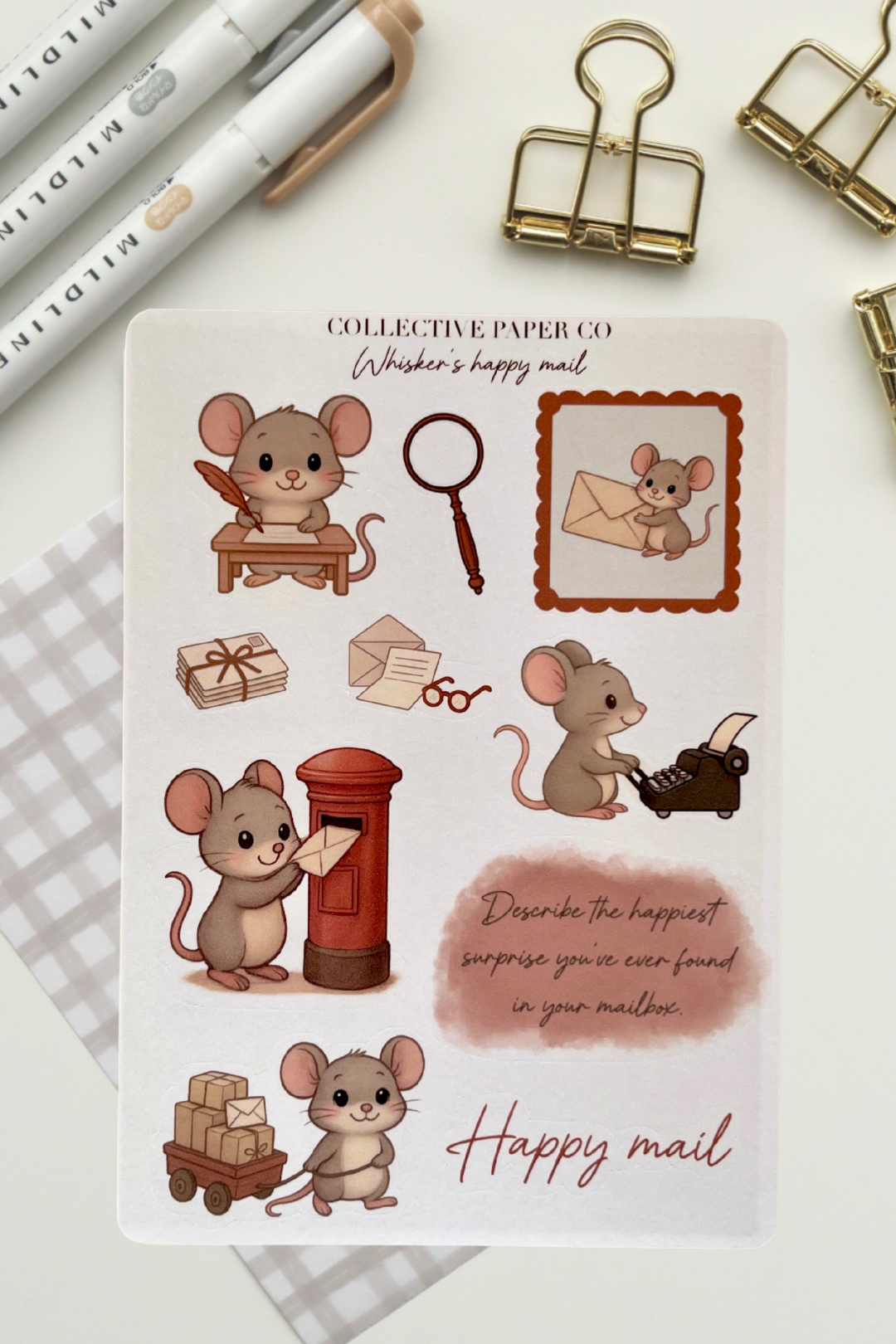 Sheet of decorative stickers with cartoon mice and stationery items on a white background.