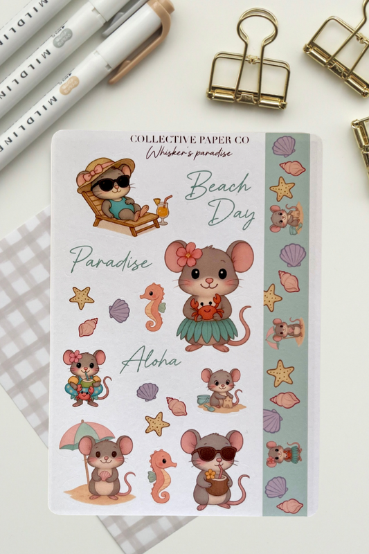 Sticker sheet with cartoon mice characters on a 'Beach Day' theme, featuring text and beach-themed illustrations.