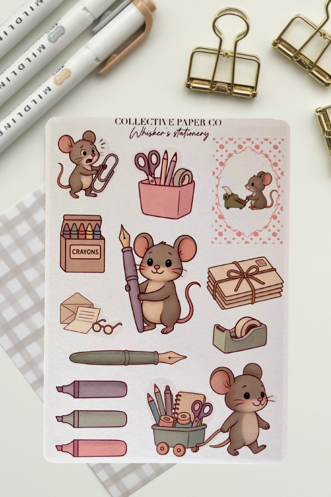 Sheet of mouse-themed stickers with stationery items on a white background