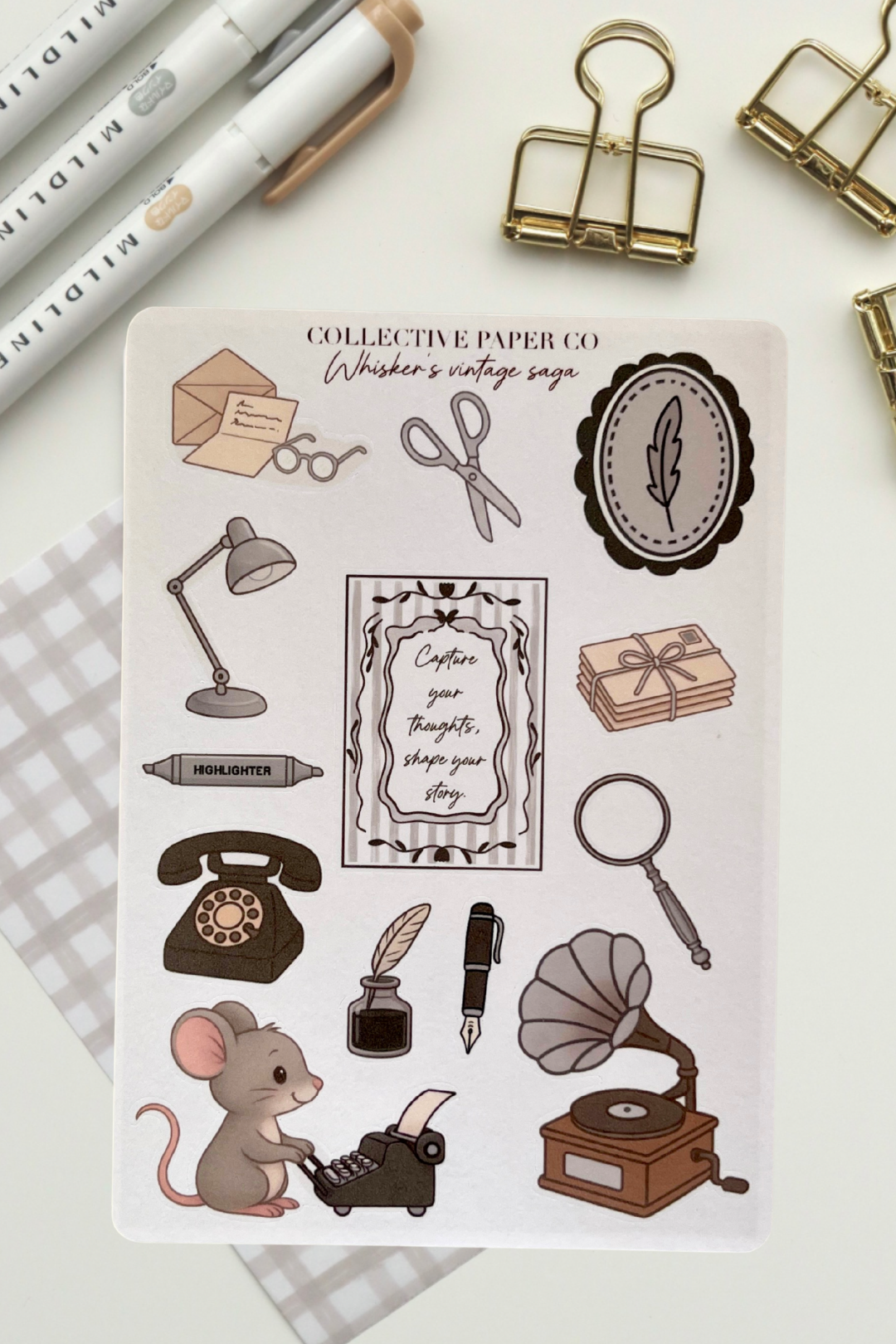 Sheet of decorative stickers with vintage-themed illustrations on a white background.
