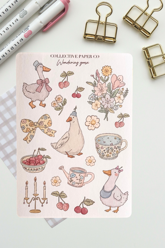Wondering goose sticker sheet with pastel crayon style illustrations of geese, floral bouquets, bows, cherries, strawberries, floral teacups and a candelabra from Collective Paper Co
