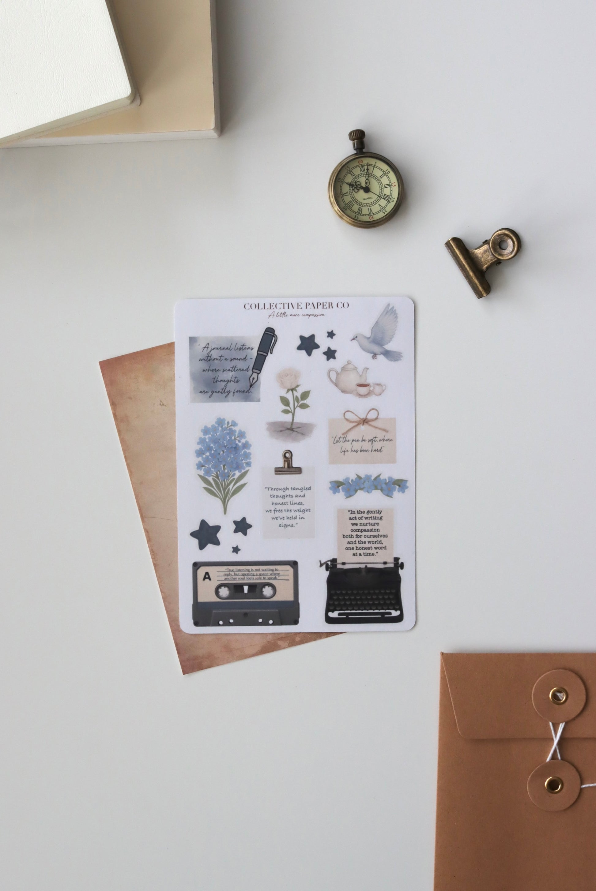 Decorative journaling sheet of kiss-cut compassion / motivational / empowering / quotes and floral forget me not and  decorative elements stickers on Japanese washi paper