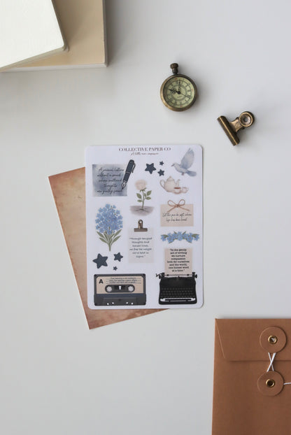 Decorative journaling sheet of kiss-cut compassion / motivational / empowering / quotes and floral forget me not and  decorative elements stickers on Japanese washi paper