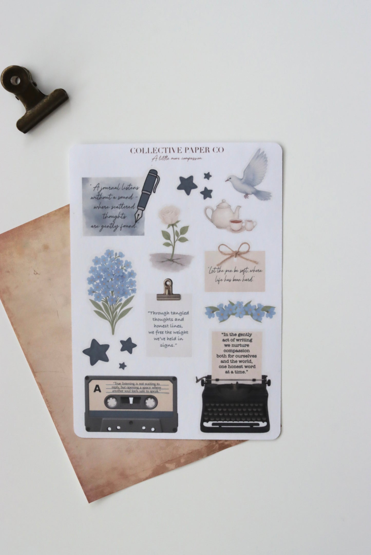 Decorative journaling sheet of kiss-cut compassion / motivational / empowering / quotes and floral forget me not and  decorative elements stickers on Japanese washi paper