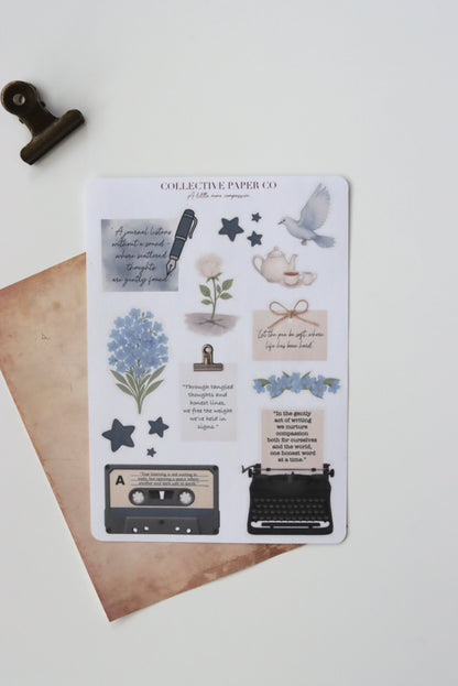 Decorative journaling sheet of kiss-cut compassion / motivational / empowering / quotes and floral forget me not and  decorative elements stickers on Japanese washi paper