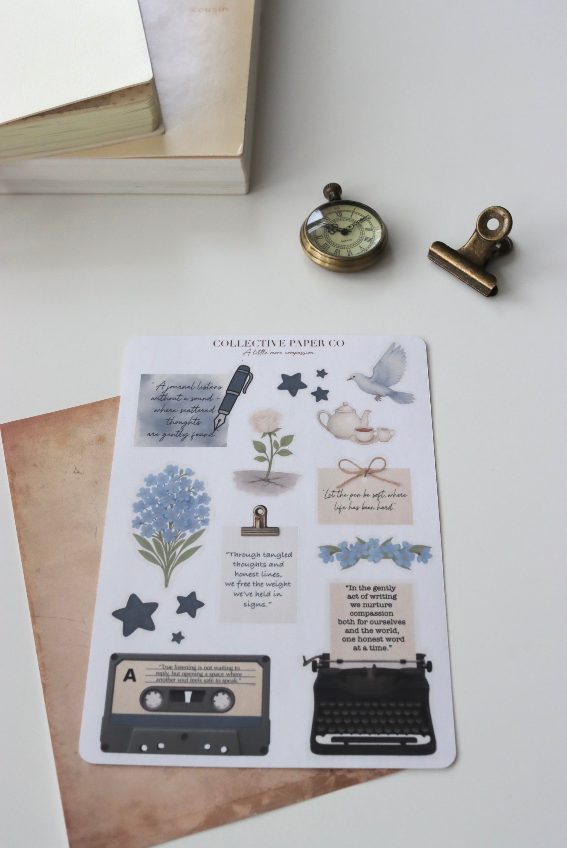 Decorative journaling sheet of kiss-cut compassion / motivational / empowering / quotes and floral forget me not and  decorative elements stickers on Japanese washi paper