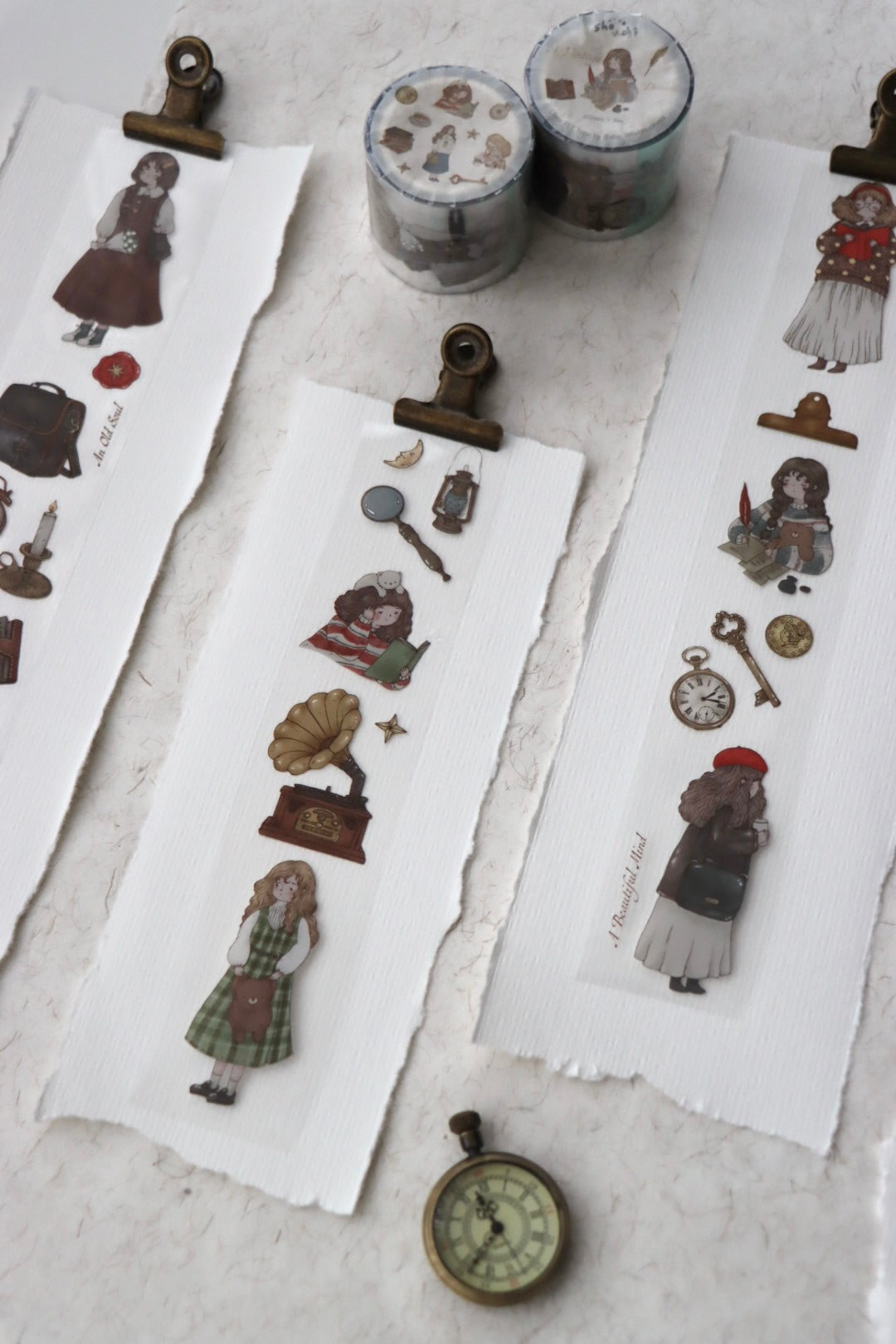 Sho Little Happiness A Vintage Dream washi tape with soft vintage inspired illustrations, close up angled