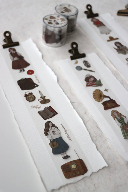 Sho Little Happiness A Vintage Dream washi tape with soft vintage inspired illustrations, close up different angled