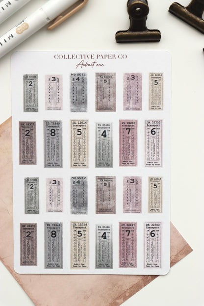 Decorative journaling sheet of kiss-cut vintage and realistic stickers of Admit one tickets on Japanese washi paper