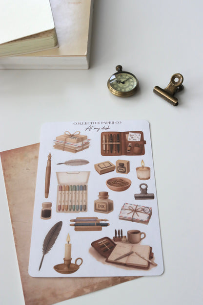 Decorative journaling sheet of kiss-cut  vintage watercolour  illustrations of stationery items on Japanese washi paper