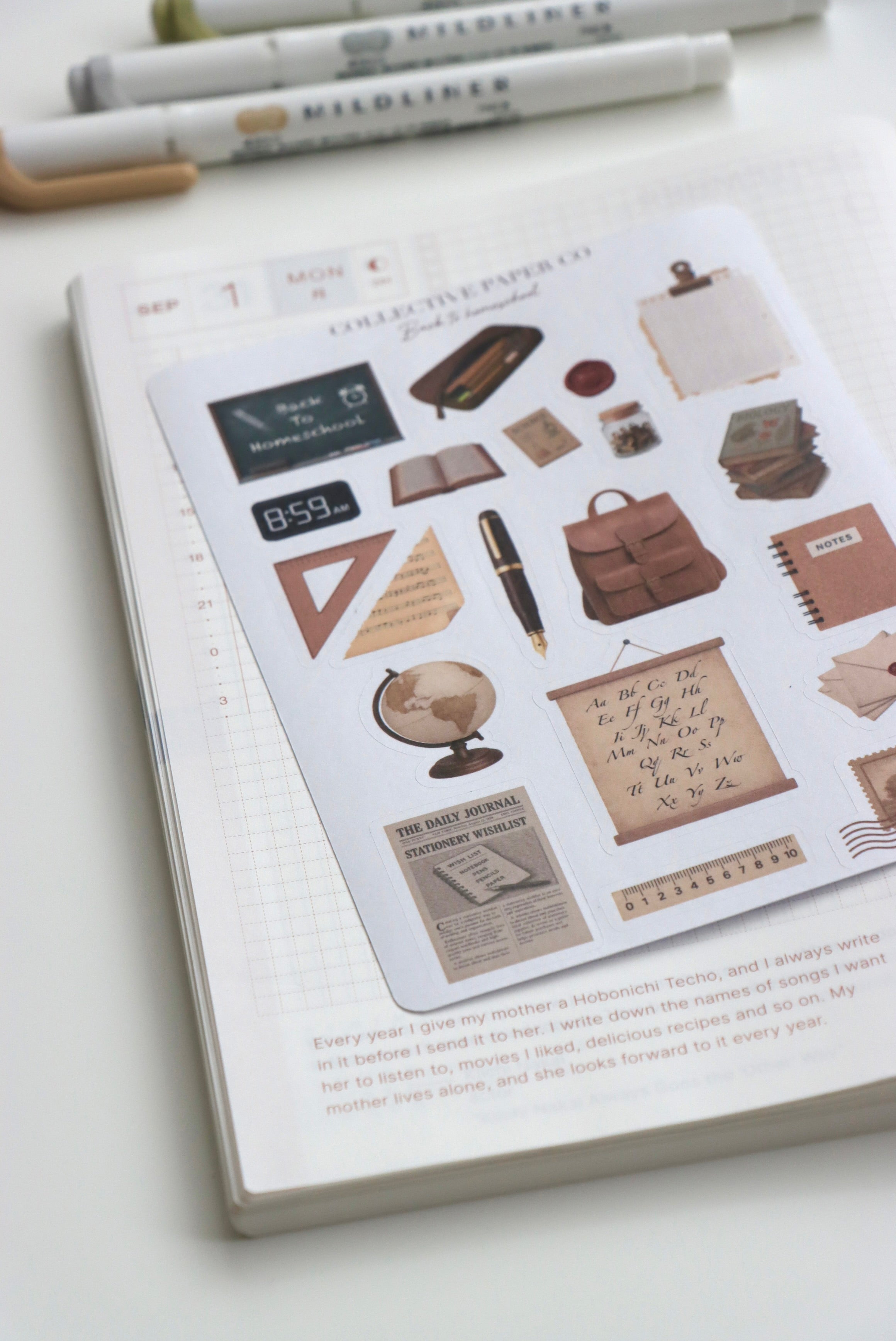 Decorative journaling sheet of kiss-cut vintage and realistic stickers of Back to homeschool education on Japanese washi paper