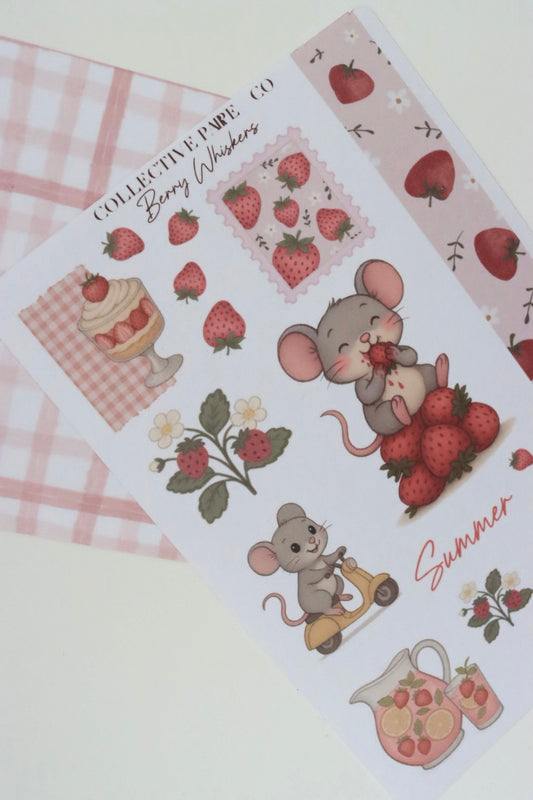 Decorative journaling sheet of kiss-cut  strawberry illustrations of journaling-planner stickers on Japanese washi paper