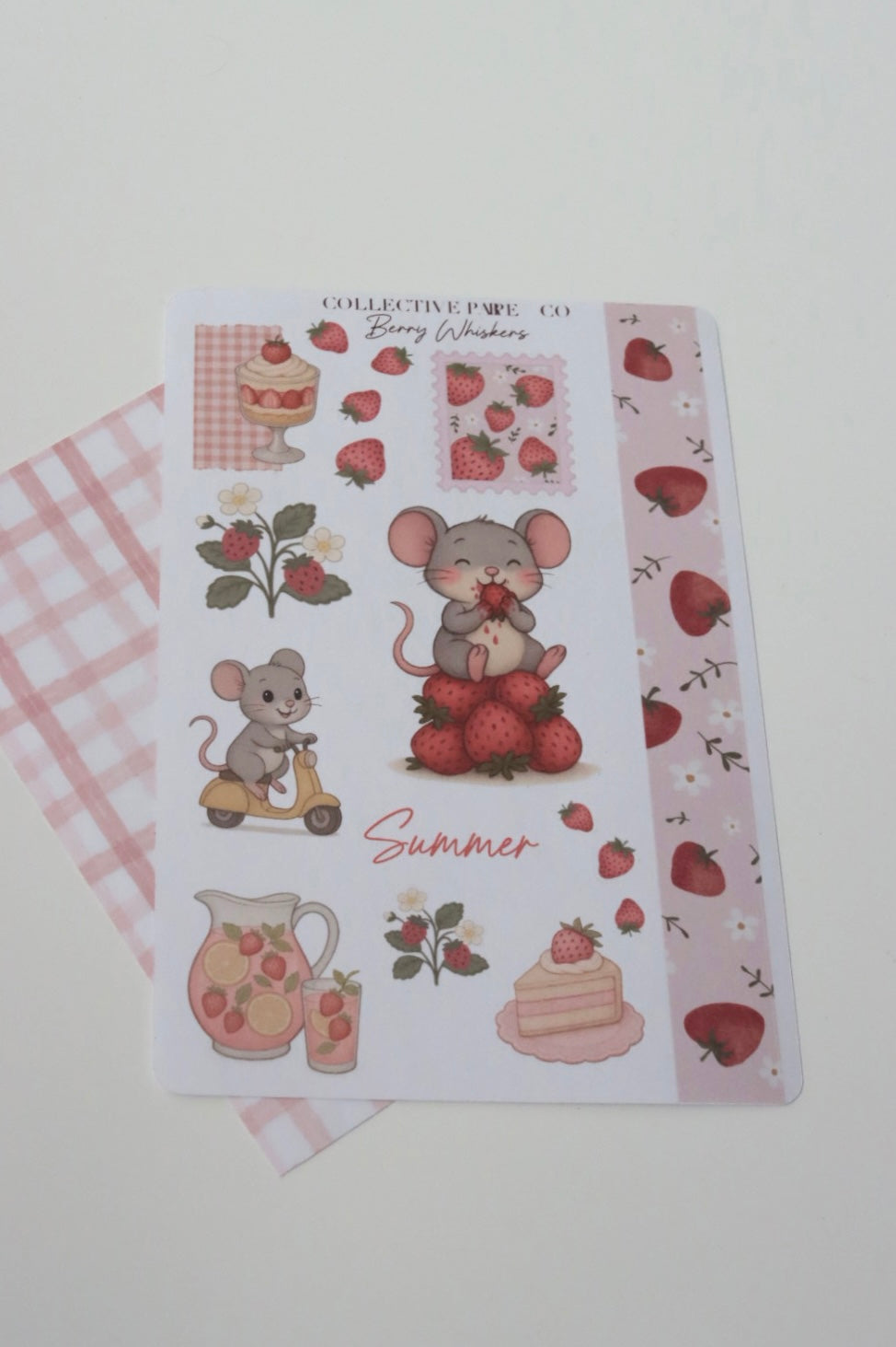 Decorative journaling sheet of kiss-cut  strawberry illustrations of journaling-planner stickers on Japanese washi paper