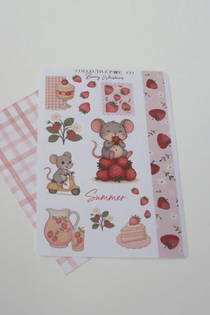 Decorative journaling sheet of kiss-cut  strawberry illustrations of journaling-planner stickers on Japanese washi paper
