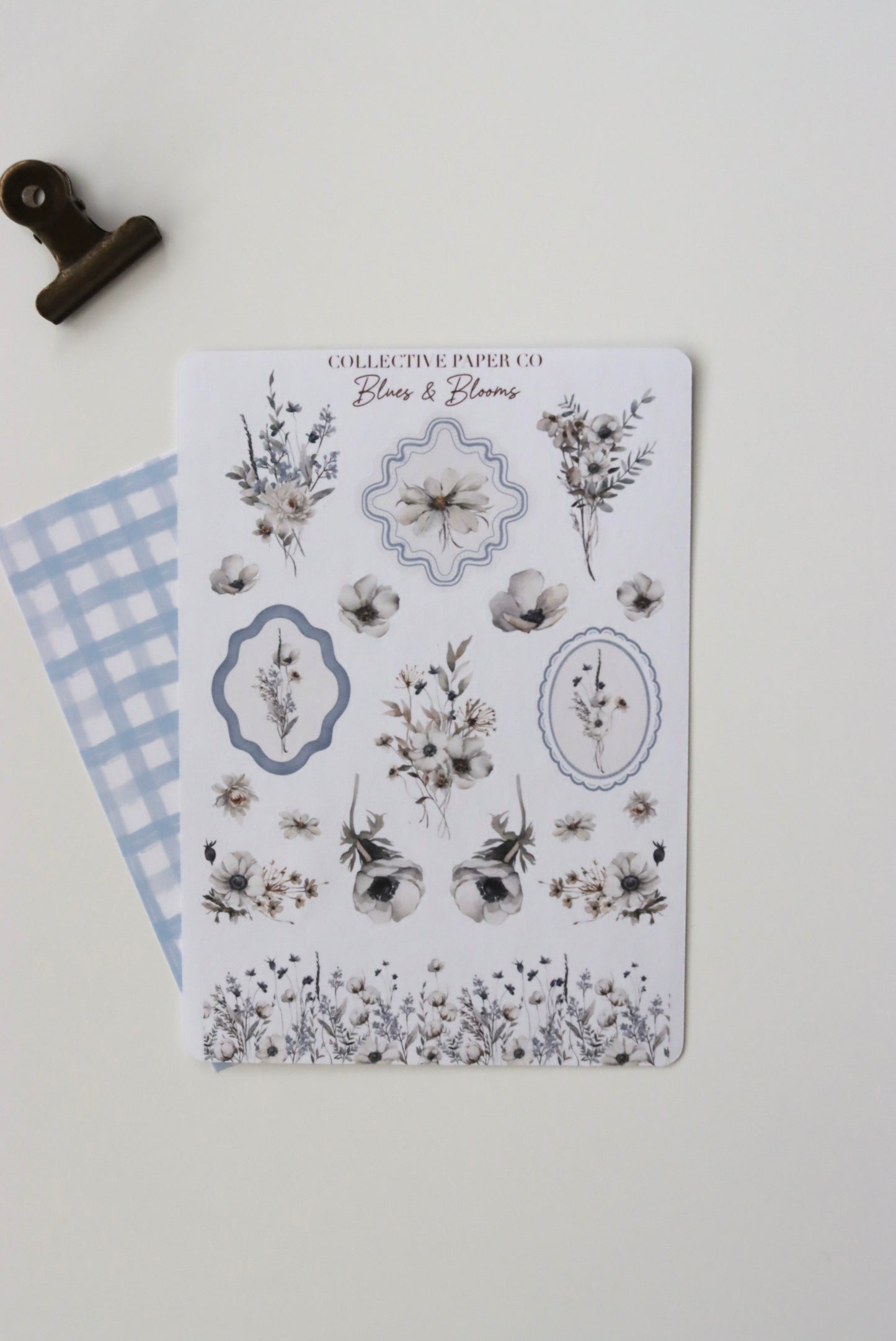 Decorative journaling sheet of kiss-cut watercolour floral elements stickers on Japanese washi paper
